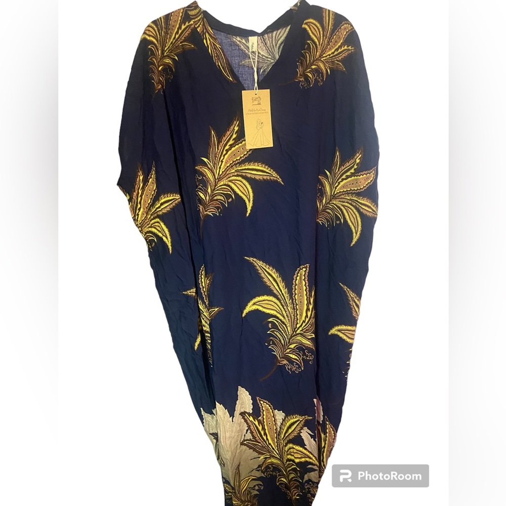 MoBi & Xun Chang Nwt new navy blue short sleeve kaftan floral maxi dress large